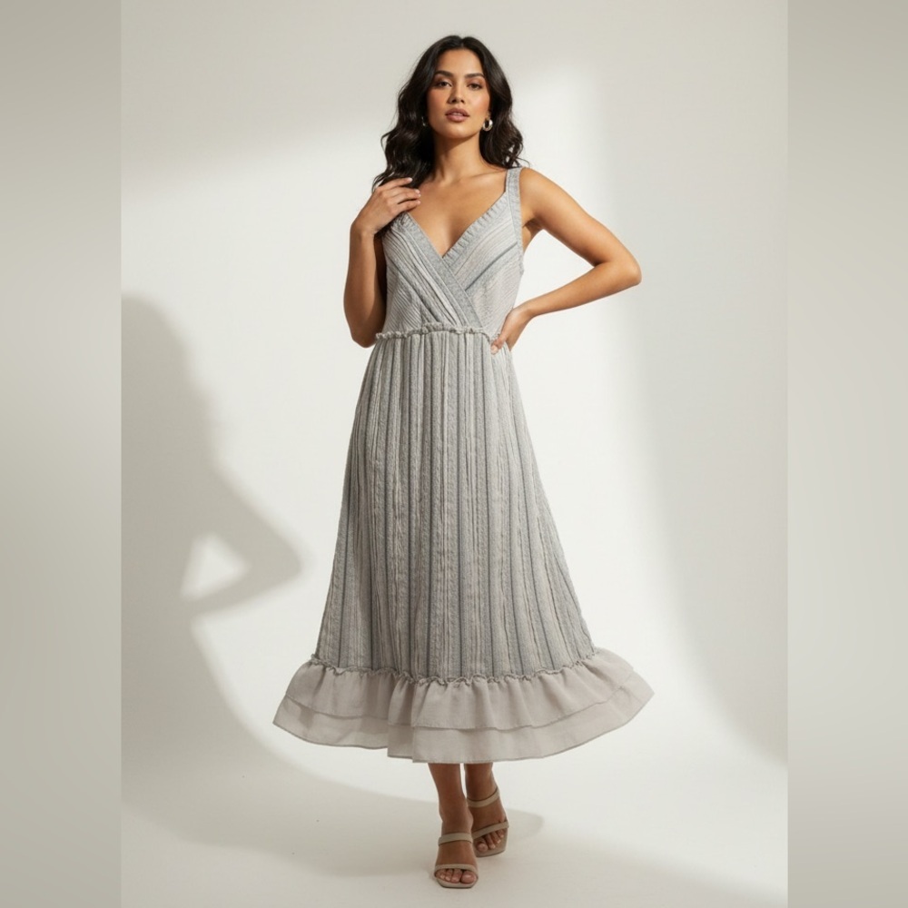 NWT Calvin Klein Sz S Y2K Knit Empire Tiered Chiffon Ruffle Midi Slip Dress
